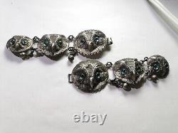 Antique Sterling Silver Six Owl Clasp Buckle Fastener Blue Glass Eyes