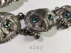 Antique Sterling Silver Six Owl Clasp Buckle Fastener Blue Glass Eyes