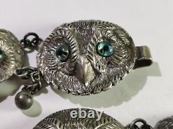 Antique Sterling Silver Six Owl Clasp Buckle Fastener Blue Glass Eyes