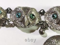 Antique Sterling Silver Six Owl Clasp Buckle Fastener Blue Glass Eyes