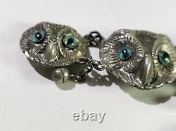 Antique Sterling Silver Six Owl Clasp Buckle Fastener Blue Glass Eyes