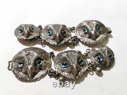 Antique Sterling Silver Six Owl Clasp Buckle Fastener Blue Glass Eyes