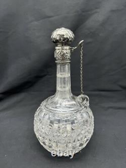 Antique Sterling Silver Top & Collar Cut Glass Decanter, 9