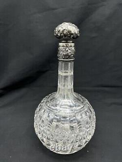 Antique Sterling Silver Top & Collar Cut Glass Decanter, 9