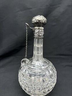 Antique Sterling Silver Top & Collar Cut Glass Decanter, 9