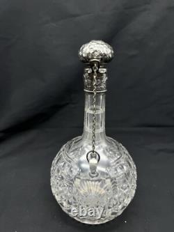Antique Sterling Silver Top & Collar Cut Glass Decanter, 9