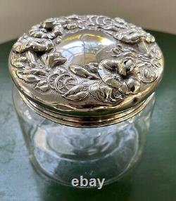 Antique Sterling Silver Vanity Jar Cover & Glass Base for Cotton Balls Qtips etc