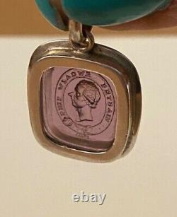 Antique Sterling Silver Welsh Portrait Man Intaglio Amethyst Glass Pendant