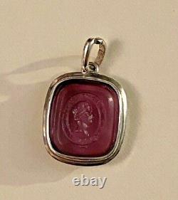 Antique Sterling Silver Welsh Portrait Man Intaglio Amethyst Glass Pendant