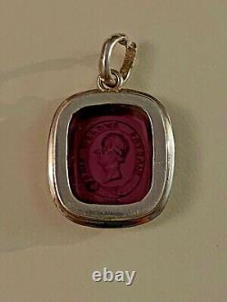 Antique Sterling Silver Welsh Portrait Man Intaglio Amethyst Glass Pendant