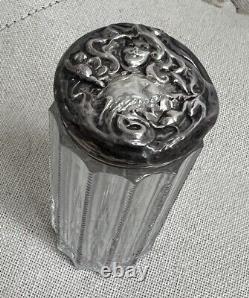 Antique Sterling silver Repousse Glass Vanity Powder Bottle. Art Nouveau Maiden