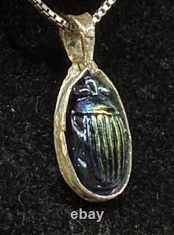 Antique Tiffany Glass Blue Glass Scarab set in Modern Sterling Silver Pendant