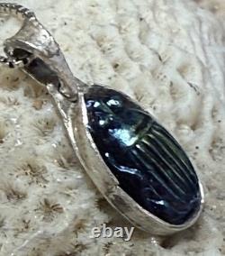 Antique Tiffany Glass Blue Glass Scarab set in Modern Sterling Silver Pendant