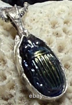 Antique Tiffany Glass Blue Glass Scarab set in Modern Sterling Silver Pendant