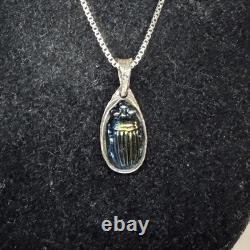 Antique Tiffany Glass Blue Glass Scarab set in Modern Sterling Silver Pendant