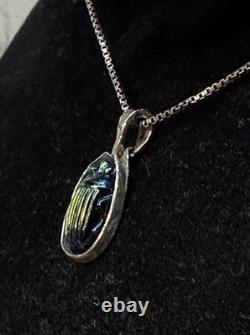 Antique Tiffany Glass Blue Glass Scarab set in Modern Sterling Silver Pendant