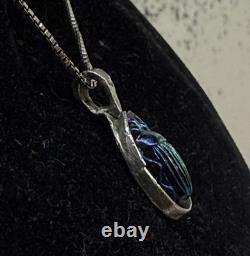 Antique Tiffany Glass Blue Glass Scarab set in Modern Sterling Silver Pendant