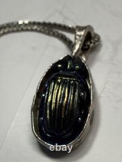 Antique Tiffany Glass Blue Glass Scarab set in Modern Sterling Silver Pendant