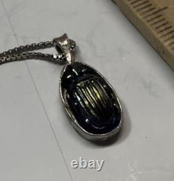 Antique Tiffany Glass Blue Glass Scarab set in Modern Sterling Silver Pendant