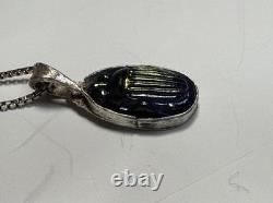 Antique Tiffany Glass Blue Glass Scarab set in Modern Sterling Silver Pendant