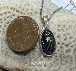 Antique Tiffany Glass Blue Glass Scarab set in Modern Sterling Silver Pendant