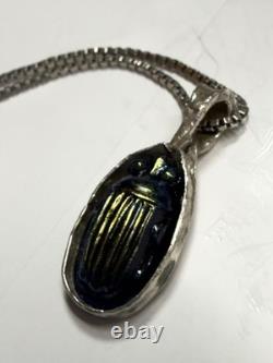 Antique Tiffany Glass Blue Glass Scarab set in Modern Sterling Silver Pendant