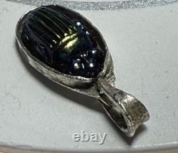 Antique Tiffany Glass Blue Glass Scarab set in Modern Sterling Silver Pendant