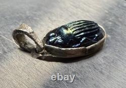 Antique Tiffany Glass Blue Glass Scarab set in Modern Sterling Silver Pendant