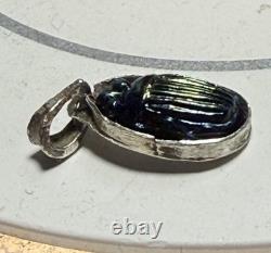 Antique Tiffany Glass Blue Glass Scarab set in Modern Sterling Silver Pendant