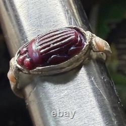 Antique Tiffany Glass Red Scarab in Modern Sterling Silver Ring with Conch Pearls
