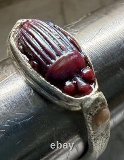 Antique Tiffany Glass Red Scarab in Modern Sterling Silver Ring with Conch Pearls