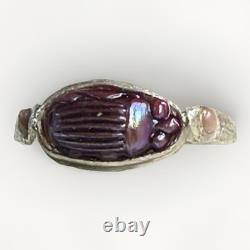 Antique Tiffany Glass Red Scarab in Modern Sterling Silver Ring with Conch Pearls