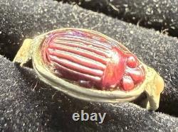 Antique Tiffany Glass Red Scarab in Modern Sterling Silver Ring with Conch Pearls