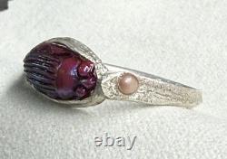 Antique Tiffany Glass Red Scarab in Modern Sterling Silver Ring with Conch Pearls