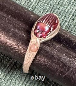 Antique Tiffany Glass Red Scarab in Modern Sterling Silver Ring with Conch Pearls