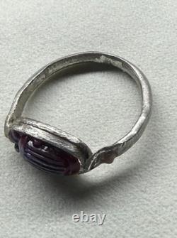 Antique Tiffany Glass Red Scarab in Modern Sterling Silver Ring with Conch Pearls