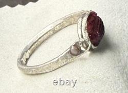 Antique Tiffany Glass Red Scarab in Modern Sterling Silver Ring with Conch Pearls