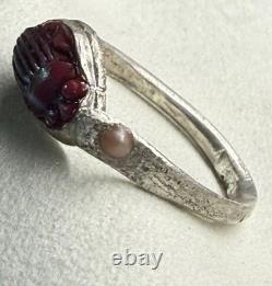 Antique Tiffany Glass Red Scarab in Modern Sterling Silver Ring with Conch Pearls
