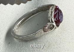 Antique Tiffany Glass Red Scarab in Modern Sterling Silver Ring with Conch Pearls