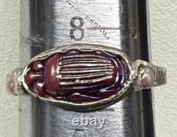 Antique Tiffany Glass Red Scarab in Modern Sterling Silver Ring with Conch Pearls