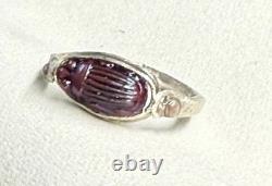 Antique Tiffany Glass Red Scarab in Modern Sterling Silver Ring with Conch Pearls