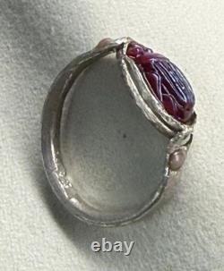 Antique Tiffany Glass Red Scarab in Modern Sterling Silver Ring with Conch Pearls