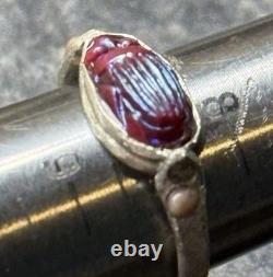 Antique Tiffany Glass Red Scarab in Modern Sterling Silver Ring with Conch Pearls