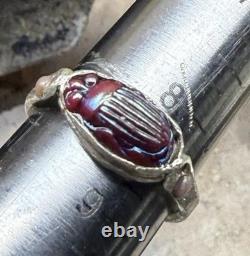 Antique Tiffany Glass Red Scarab in Modern Sterling Silver Ring with Conch Pearls