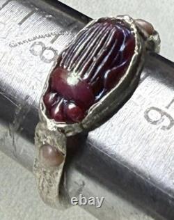 Antique Tiffany Glass Red Scarab in Modern Sterling Silver Ring with Conch Pearls