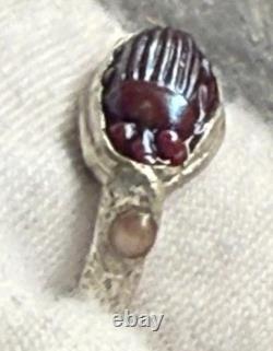 Antique Tiffany Glass Red Scarab in Modern Sterling Silver Ring with Conch Pearls