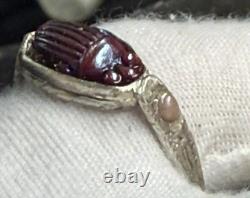 Antique Tiffany Glass Red Scarab in Modern Sterling Silver Ring with Conch Pearls