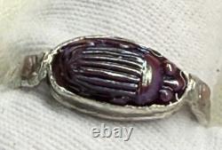 Antique Tiffany Glass Red Scarab in Modern Sterling Silver Ring with Conch Pearls