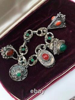 Antique VTG Art Nouveau Sterling 800 Silver Etruscan HUGE 5 Charm Bracelet Italy