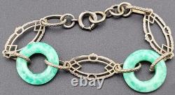 Antique Victorian Edwardian Green Peking Glass Sterling Silver Bracelet 7